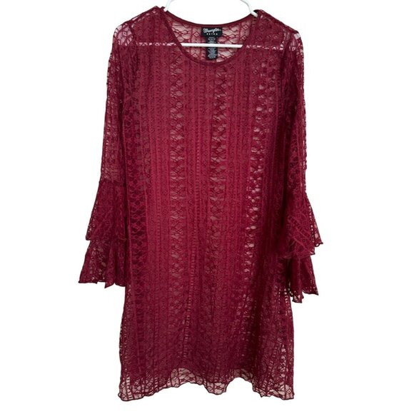 Wrangler Retro Lace Dress Tunic Blouse Fluff‎ Sleeves Maroon Womans Medium - Picture 1 of 6